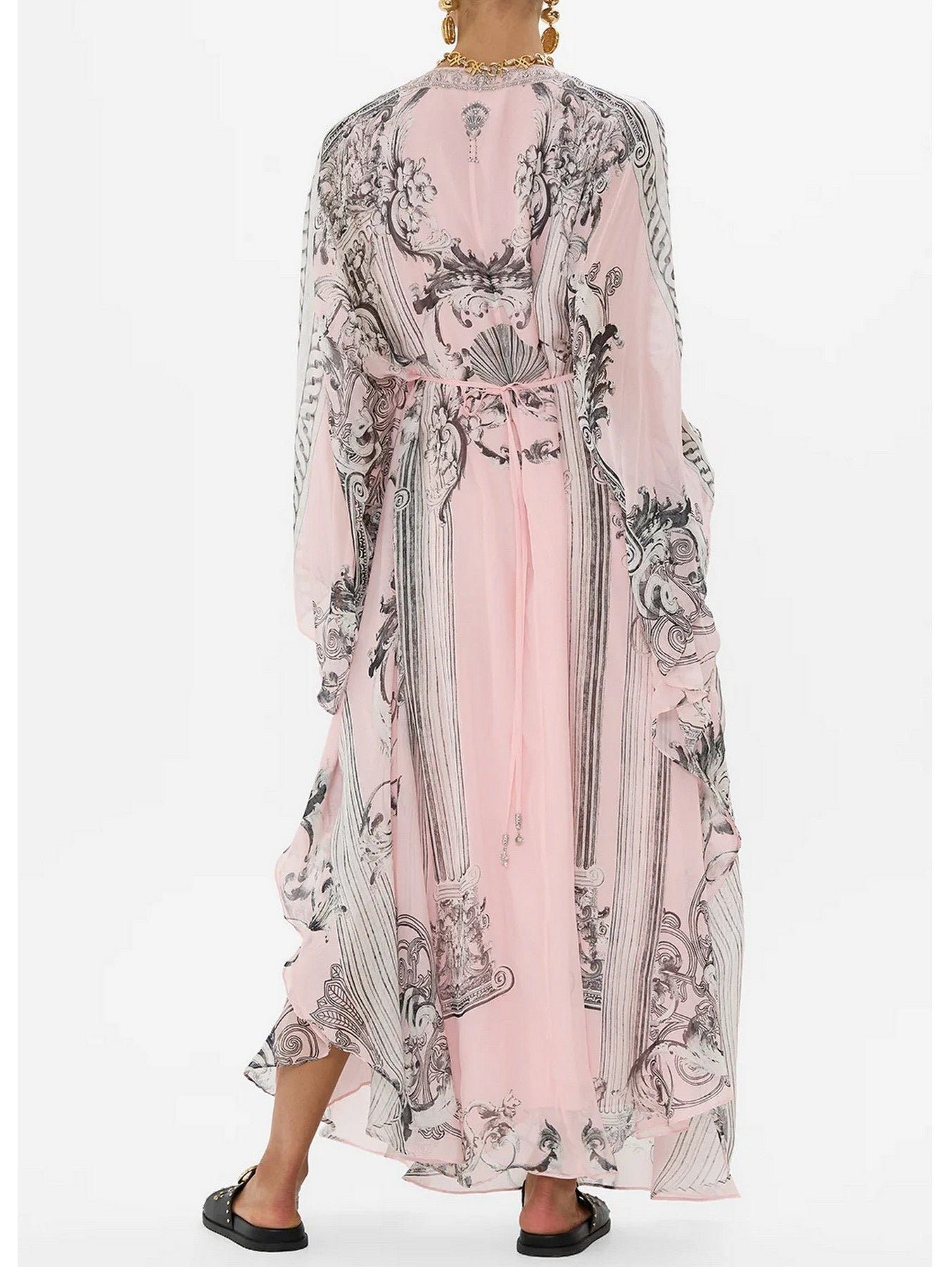 Printed Pink Silk V-Neck Long Kaftan Dress - Dresses