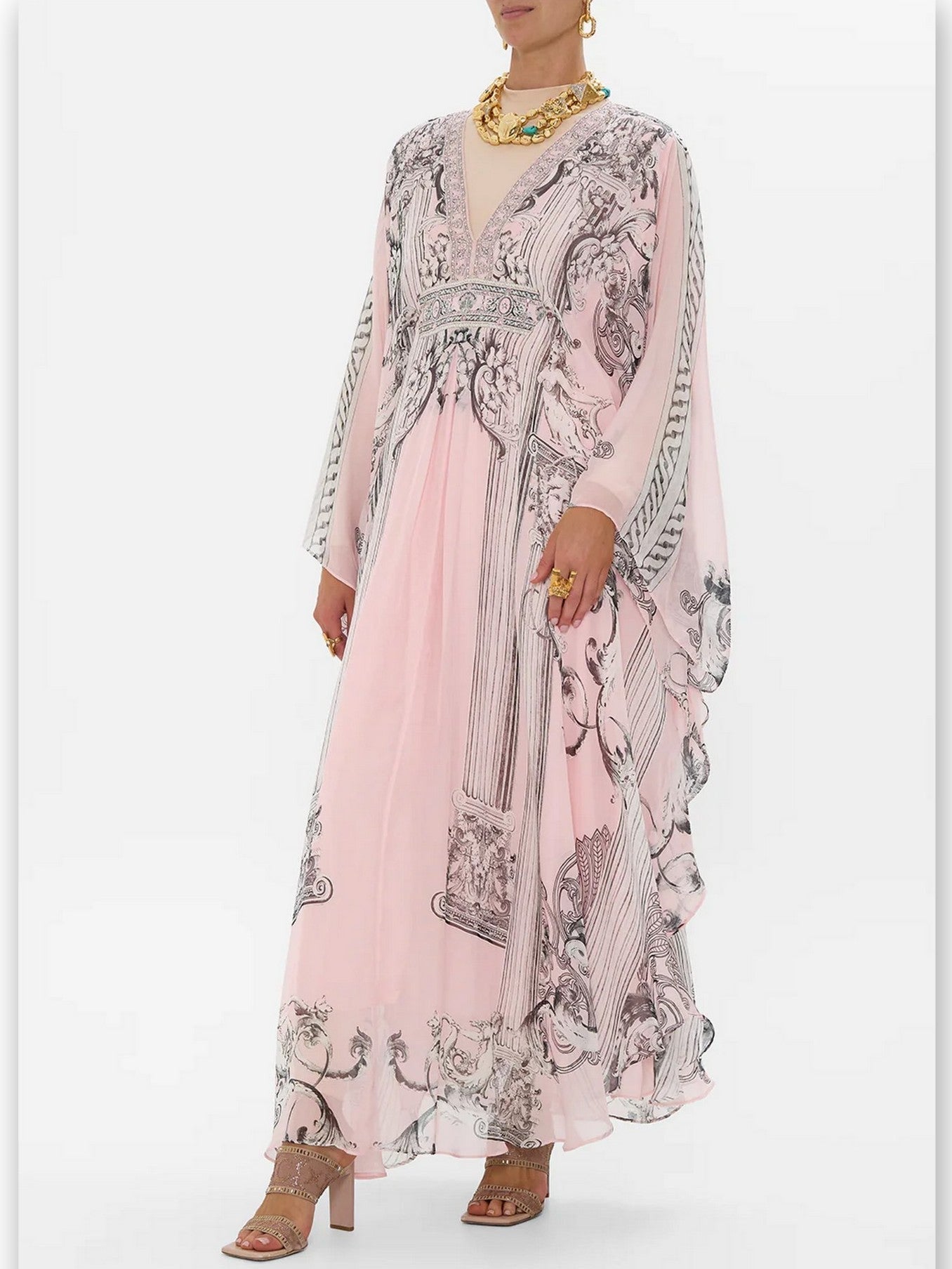 Printed Pink Silk V-Neck Long Kaftan Dress - Dresses