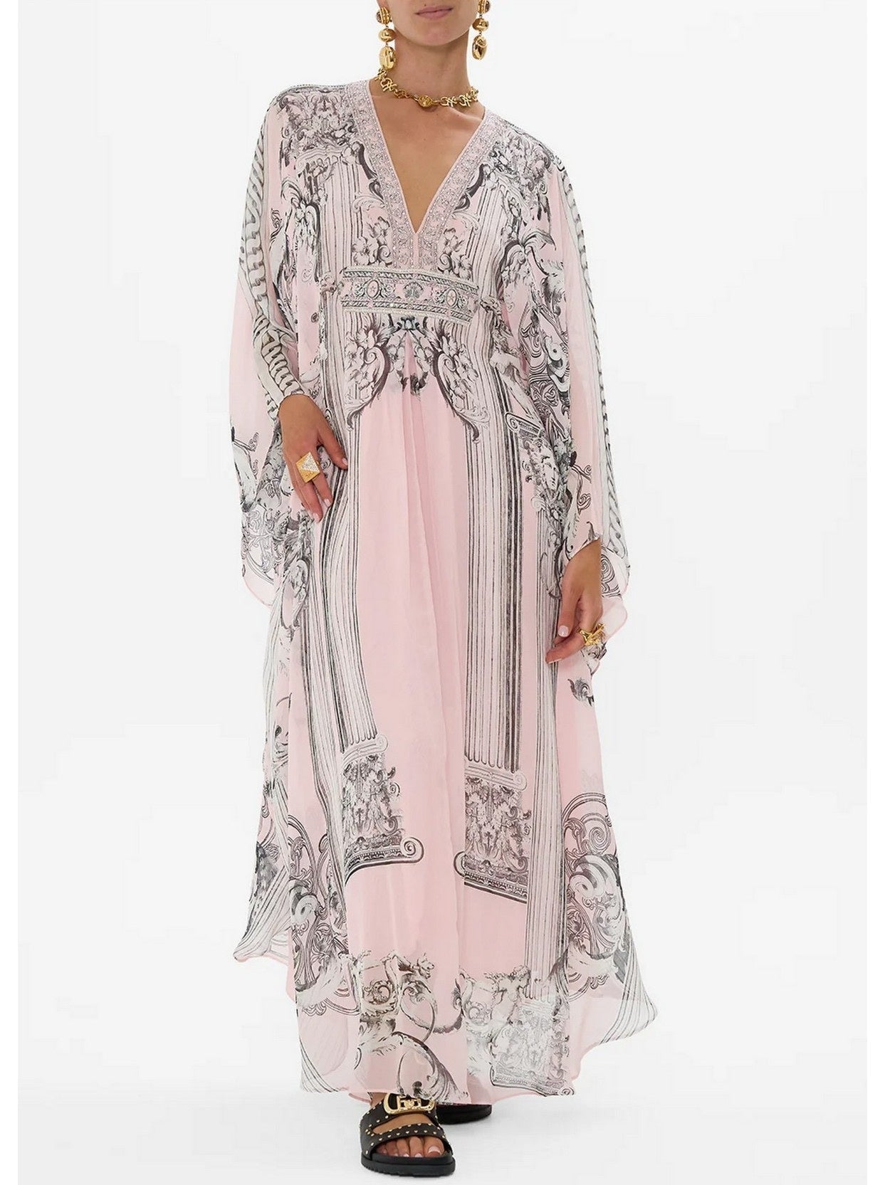 Printed Pink Silk V-Neck Long Kaftan Dress - Dresses