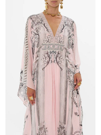 Printed Pink Silk V-Neck Long Kaftan Dress - Dresses