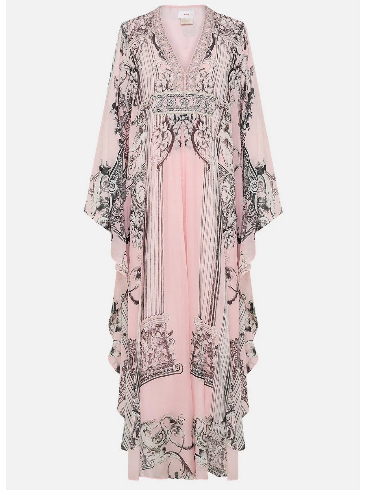 Printed Pink Silk V-Neck Long Kaftan Dress - Dresses