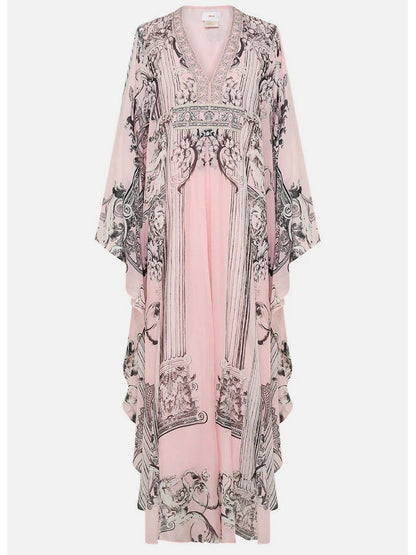 Printed Pink Silk V-Neck Long Kaftan Dress - Dresses