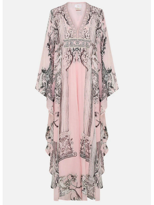 Printed Pink Silk V-Neck Long Kaftan Dress - Dresses