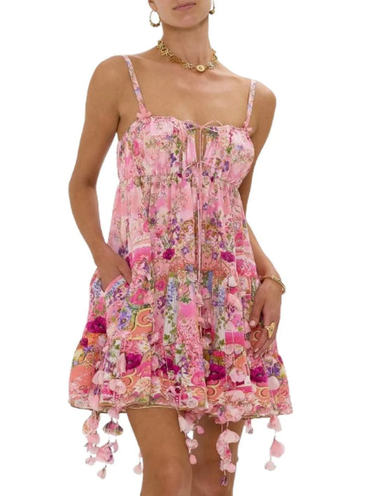 Printed Pink Tie-Front Silk Mini Dress with Petals - Small - Dresses