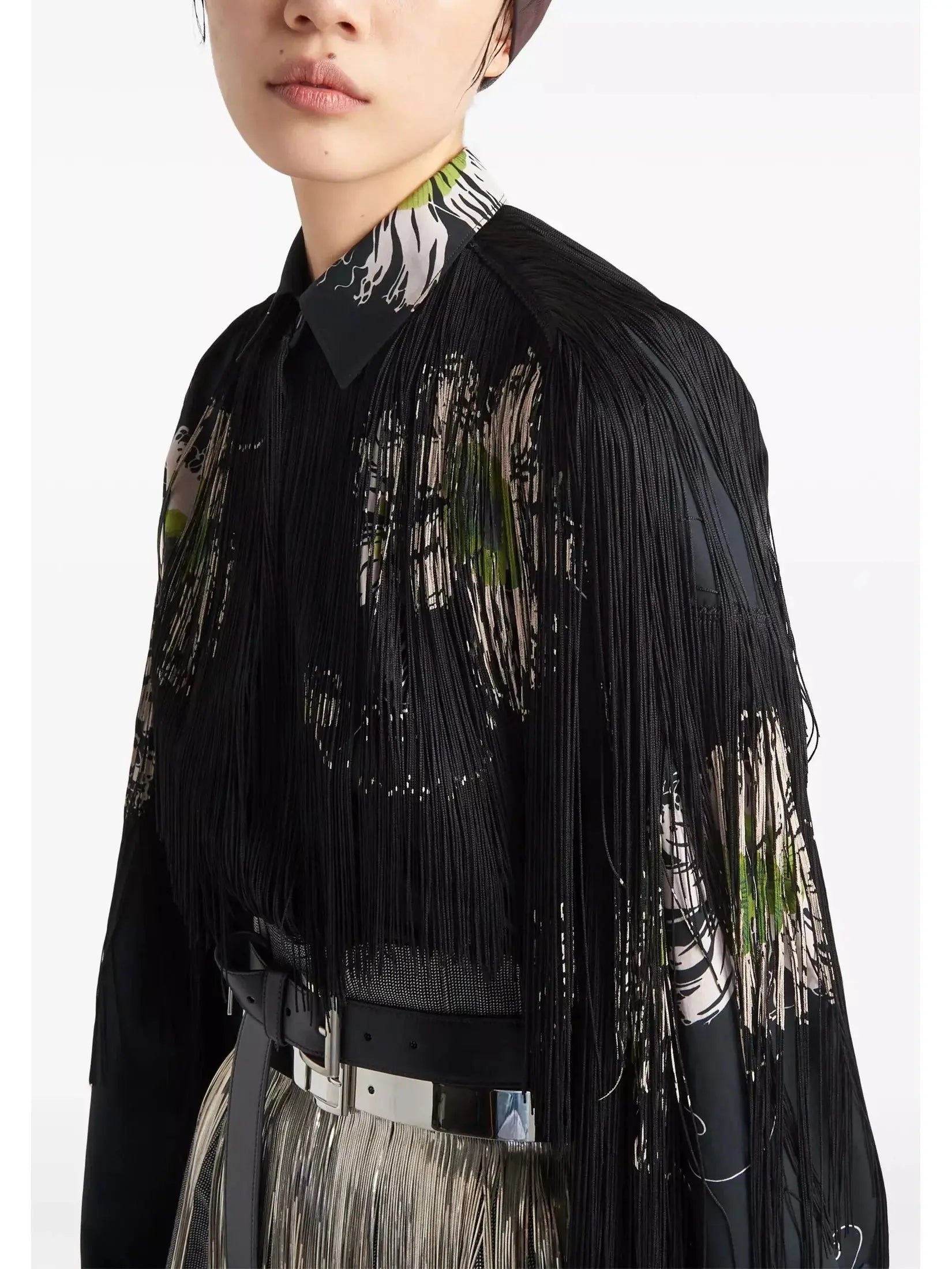 Printed Poplin Shirt with Fringe Black and Multicolor - Tops