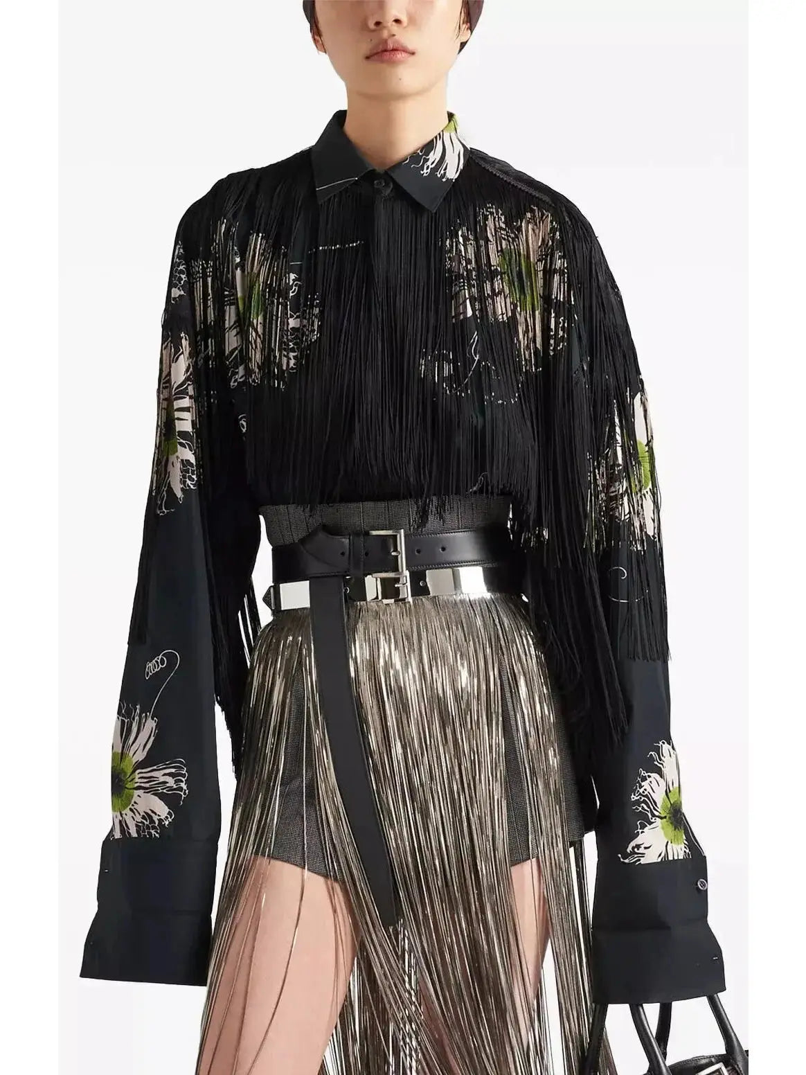 Printed Poplin Shirt with Fringe Black and Multicolor - Tops