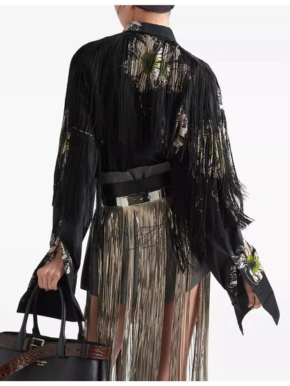 Printed Poplin Shirt with Fringe Black and Multicolor - Tops