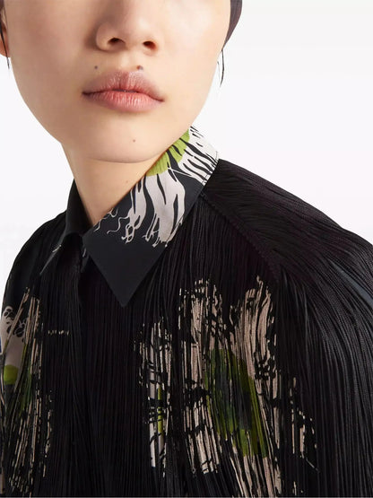 Printed Poplin Shirt with Fringe Black and Multicolor - Tops