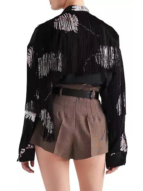 Printed Poplin Shirt with Fringe - Tops