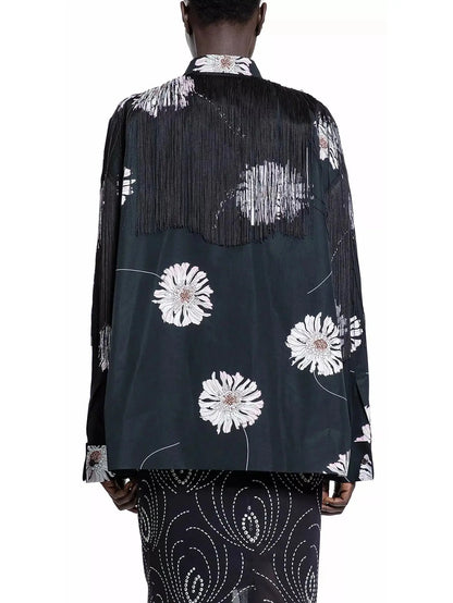 Printed Poplin Shirt with Fringe - Tops