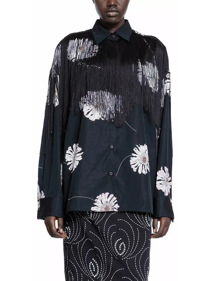 Printed Poplin Shirt with Fringe - Tops