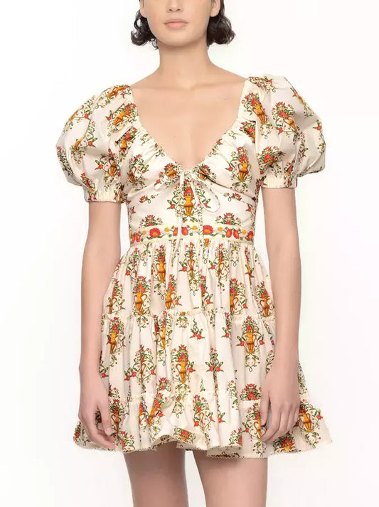 Floral-patterned Printed Puff-Sleeve Mini Dress with Adjustable V-Neck Drawstring