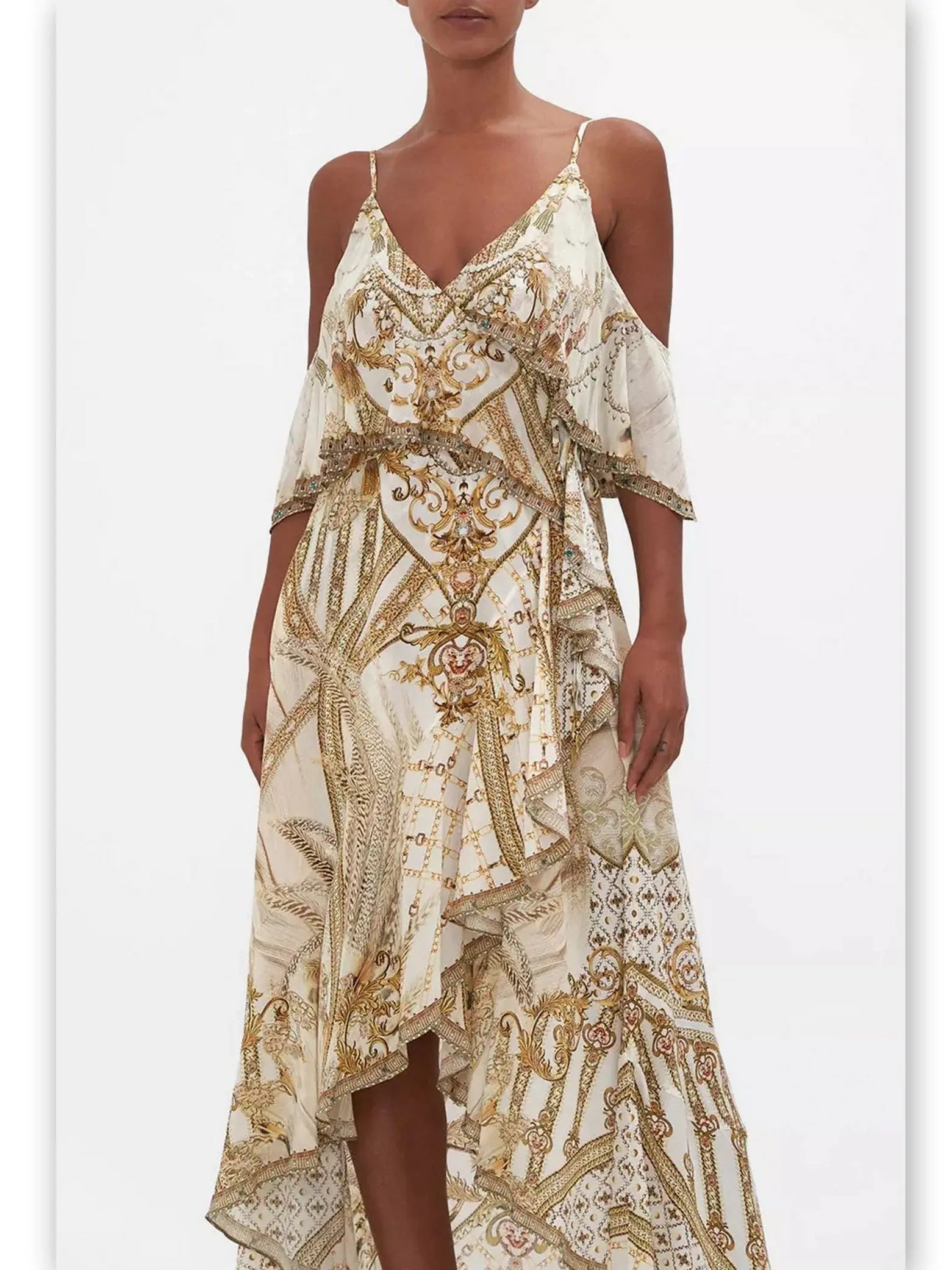 Printed Ruffle Cold-Shoulder Overlayer Wrap Dress - Dresses