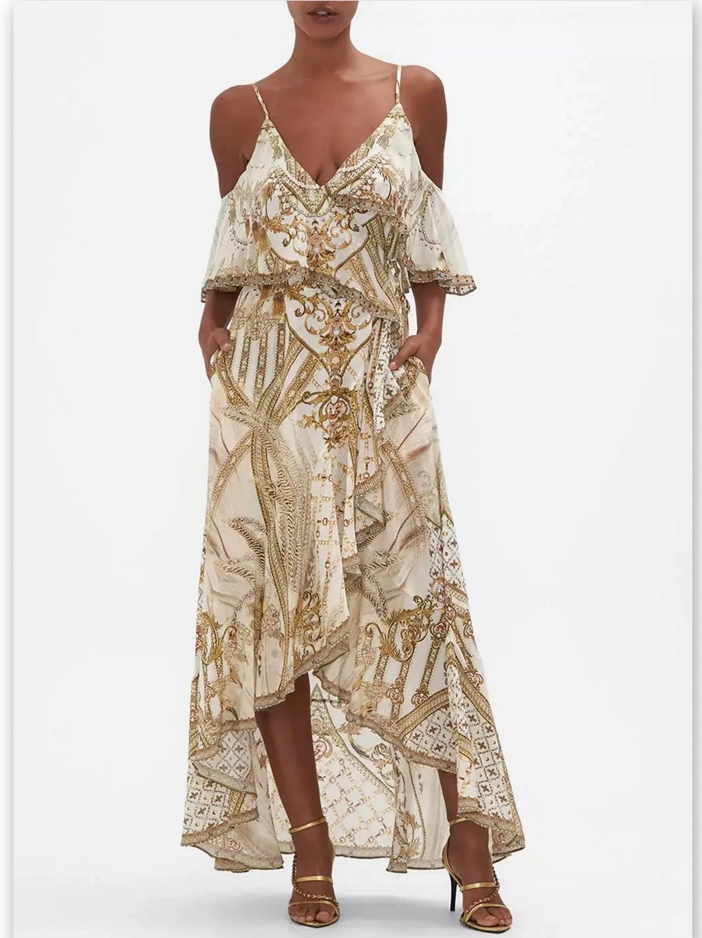 Printed Ruffle Cold-Shoulder Overlayer Wrap Dress - Dresses