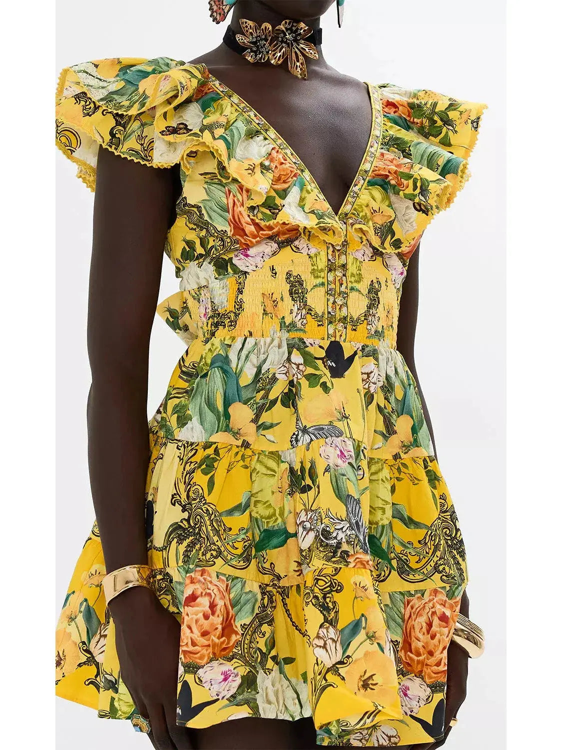 Printed Ruffle Tiered Short Dress With Neck Frill in Yellow - Dresses