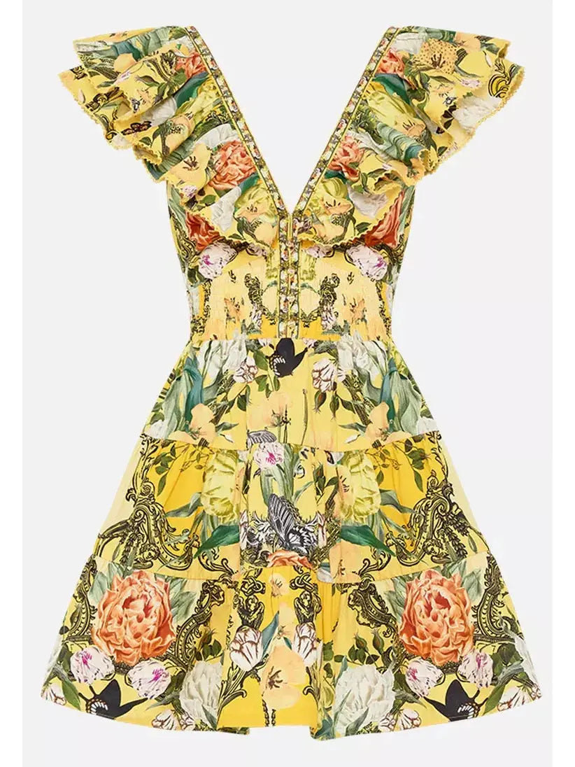 Printed Ruffle Tiered Short Dress With Neck Frill in Yellow - Dresses