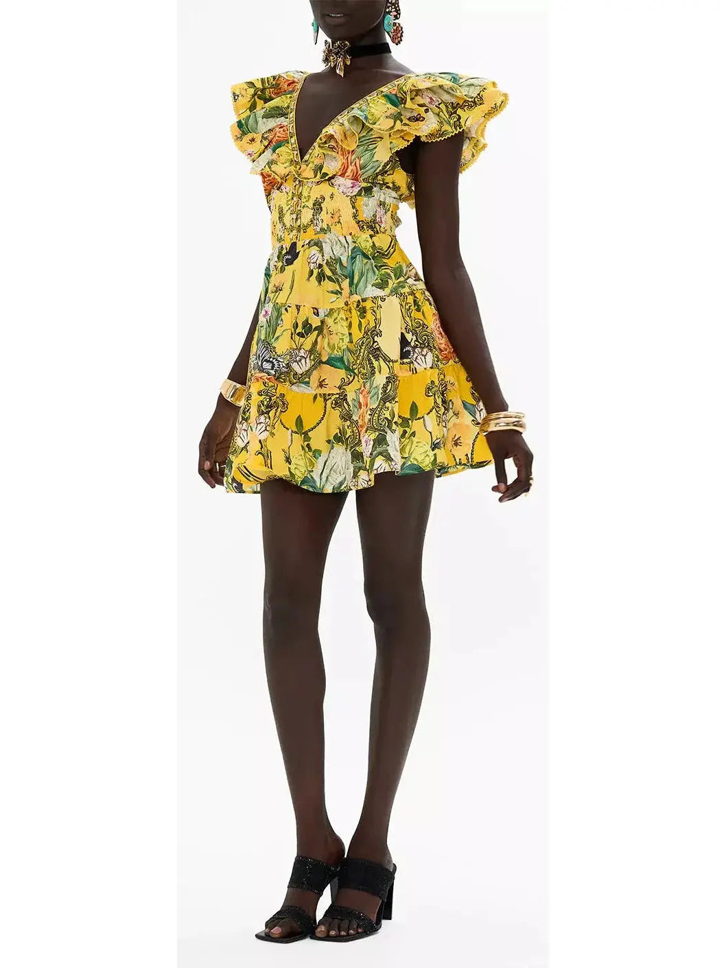 Printed Ruffle Tiered Short Dress With Neck Frill in Yellow - Dresses