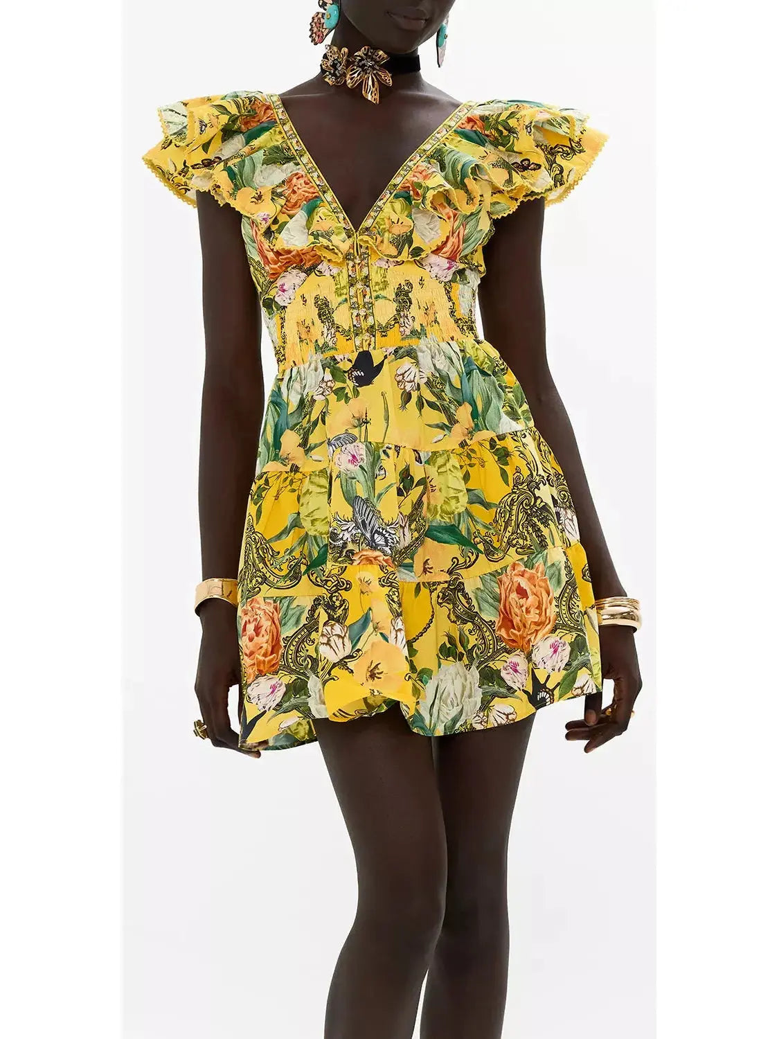 Printed Ruffle Tiered Short Dress With Neck Frill in Yellow - Dresses