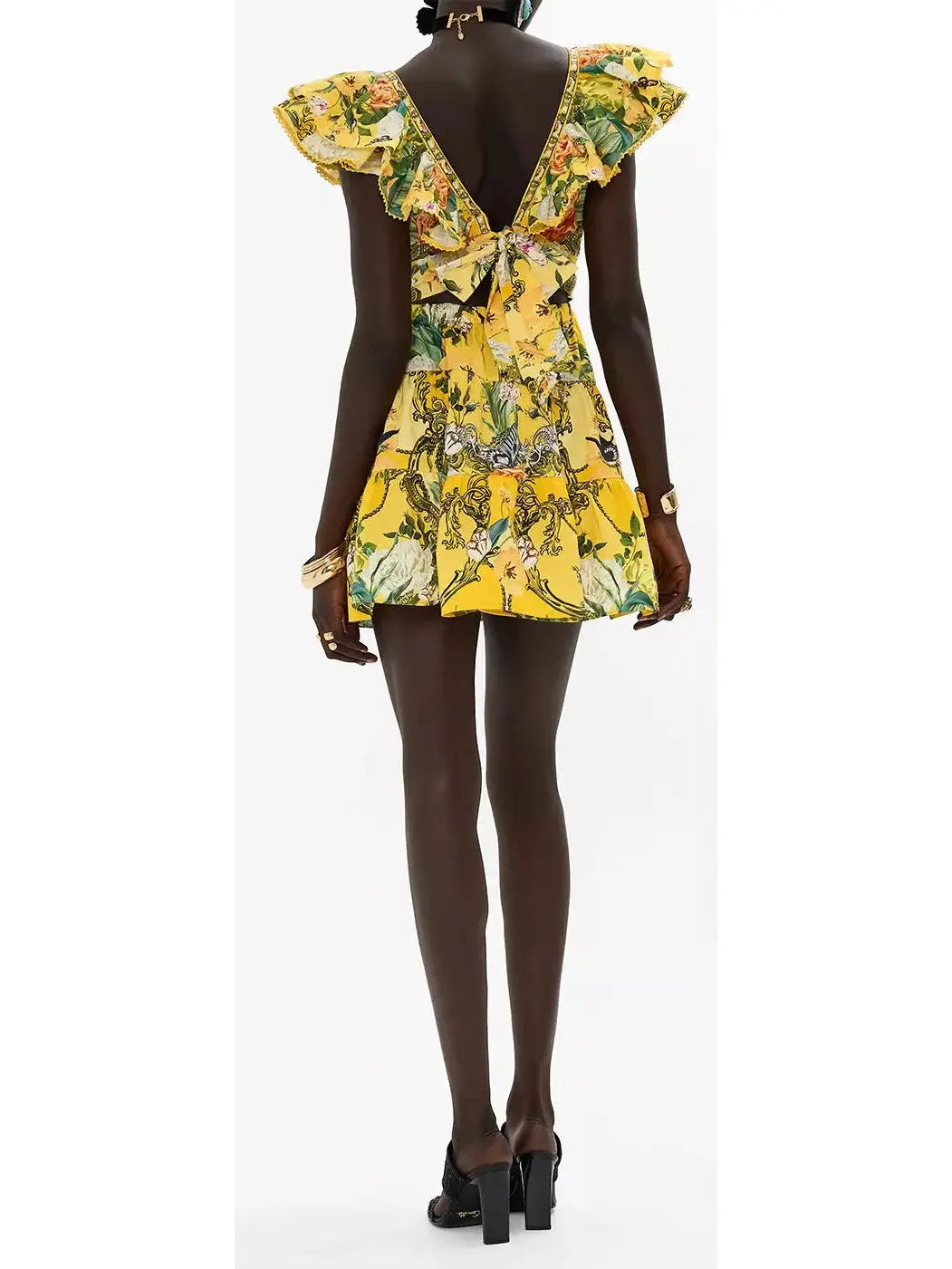 Printed Ruffle Tiered Short Dress With Neck Frill in Yellow - Dresses