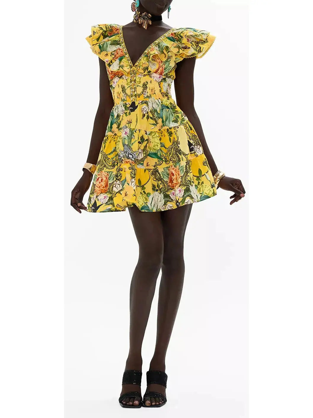 Printed Ruffle Tiered Short Dress With Neck Frill in Yellow - Dresses