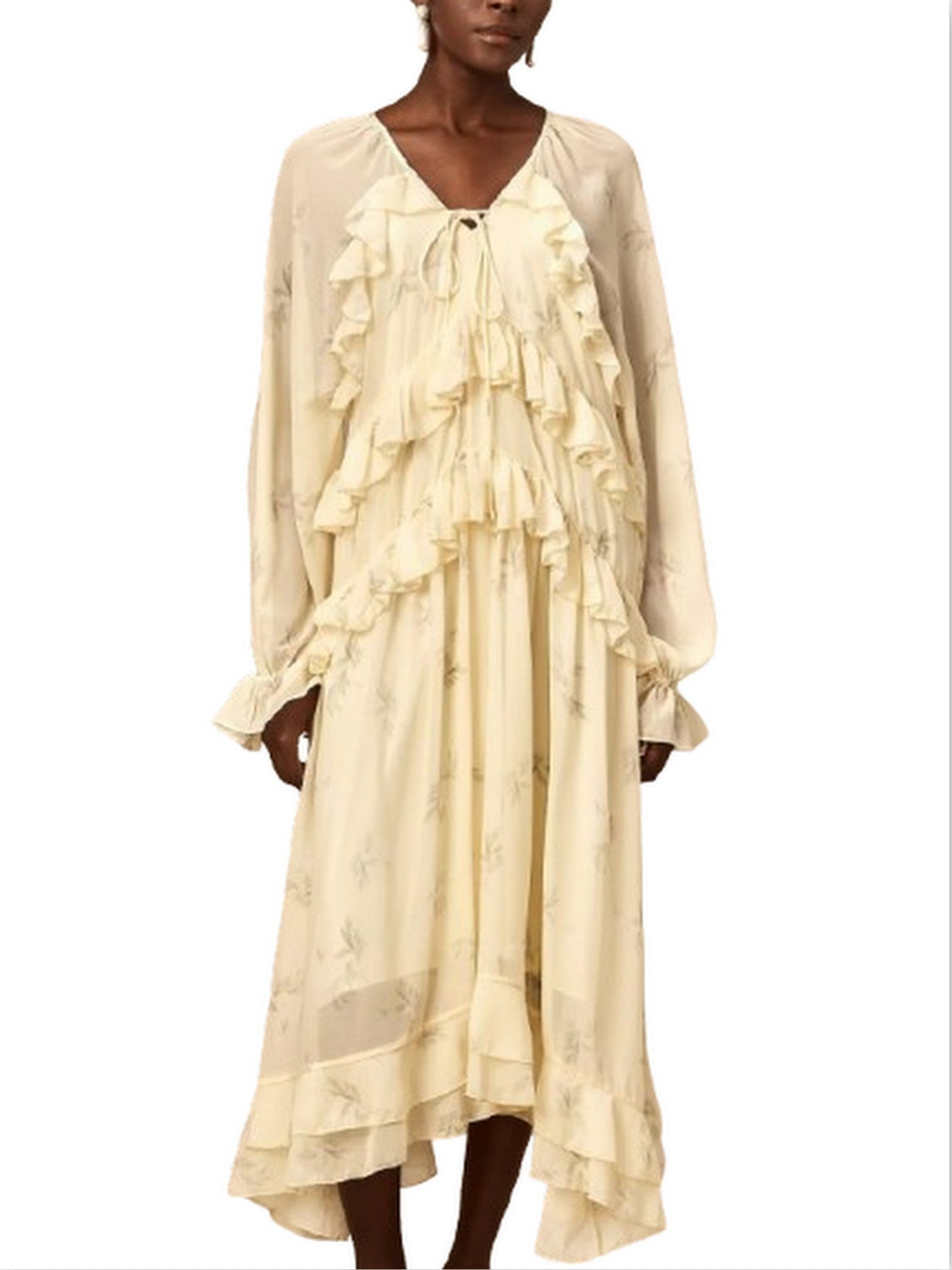 Printed Ruffled V-Neck Kaftan Dress in Yellow - Dresses
