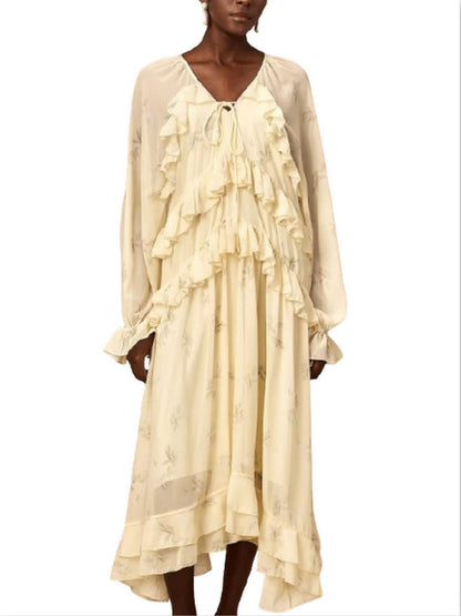 Printed Ruffled V-Neck Kaftan Dress in Yellow - Dresses
