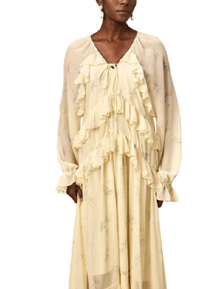 Printed Ruffled V-Neck Kaftan Dress in Yellow - Dresses