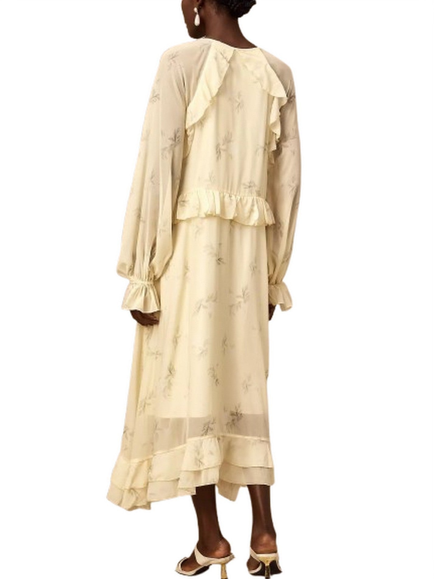 Printed Ruffled V-Neck Kaftan Dress in Yellow - Dresses