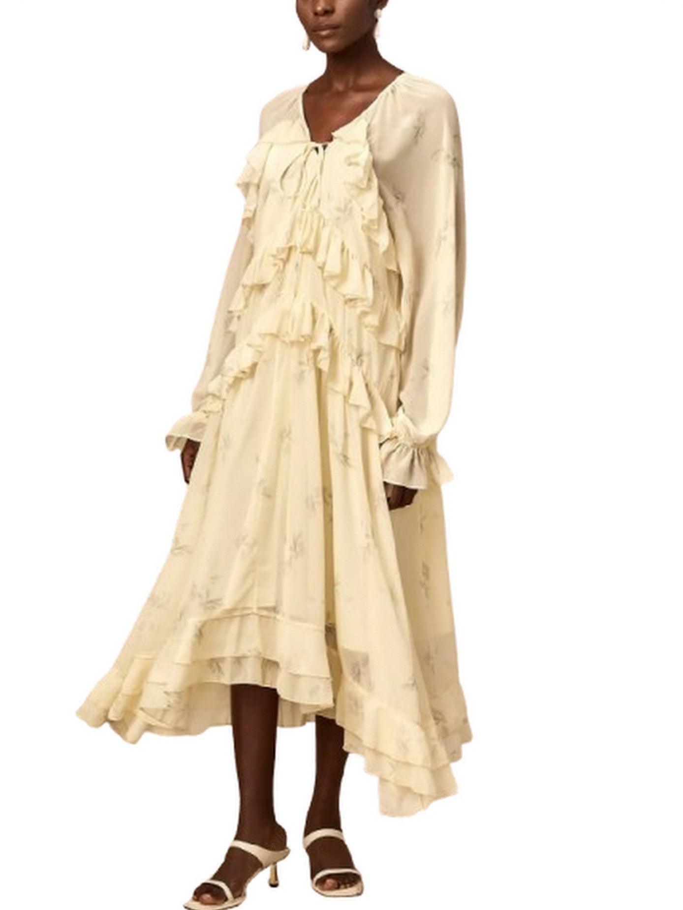Printed Ruffled V-Neck Kaftan Dress in Yellow - Dresses
