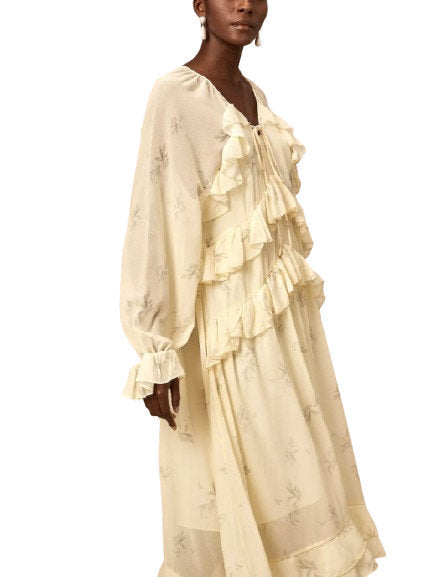 Printed Ruffled V-Neck Kaftan Dress in Yellow - Dresses