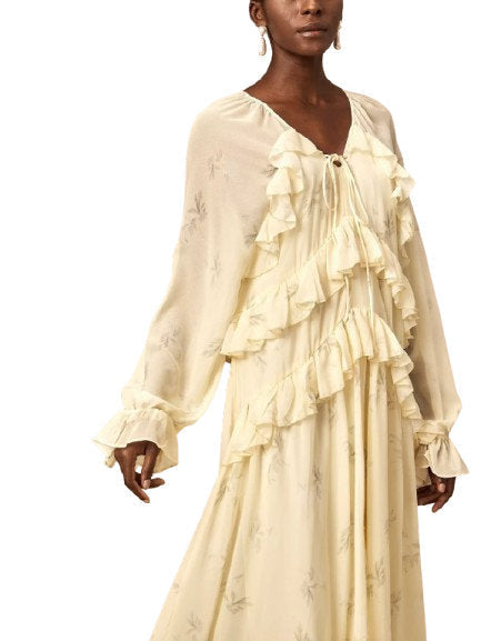 Printed Ruffled V-Neck Kaftan Dress in Yellow - Dresses