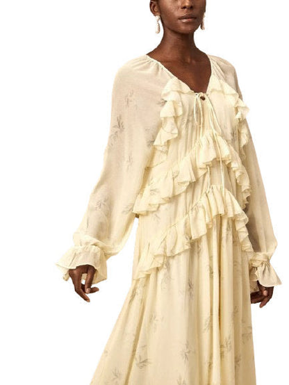 Printed Ruffled V-Neck Kaftan Dress in Yellow - Dresses
