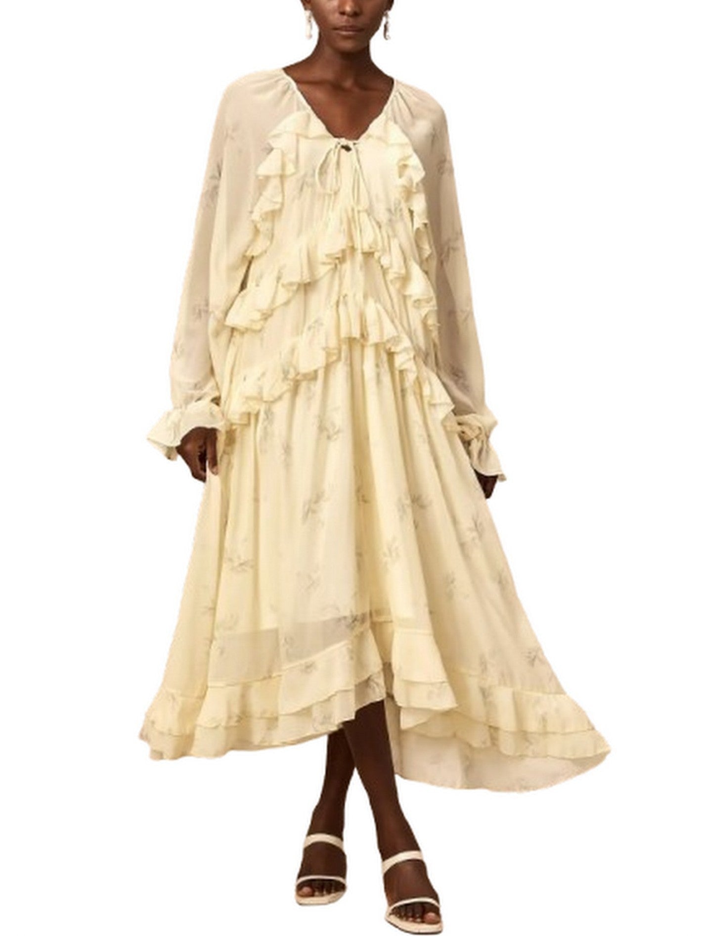Printed Ruffled V-Neck Kaftan Dress in Yellow - Dresses