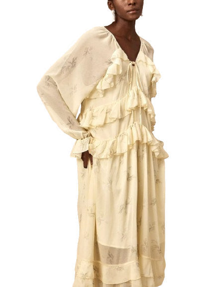 Printed Ruffled V-Neck Kaftan Dress in Yellow - Dresses