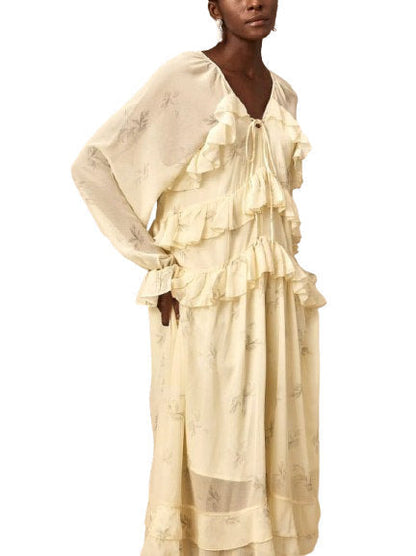 Printed Ruffled V-Neck Kaftan Dress in Yellow - Dresses