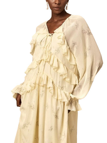 Printed Ruffled V-Neck Kaftan Dress in Yellow - Dresses