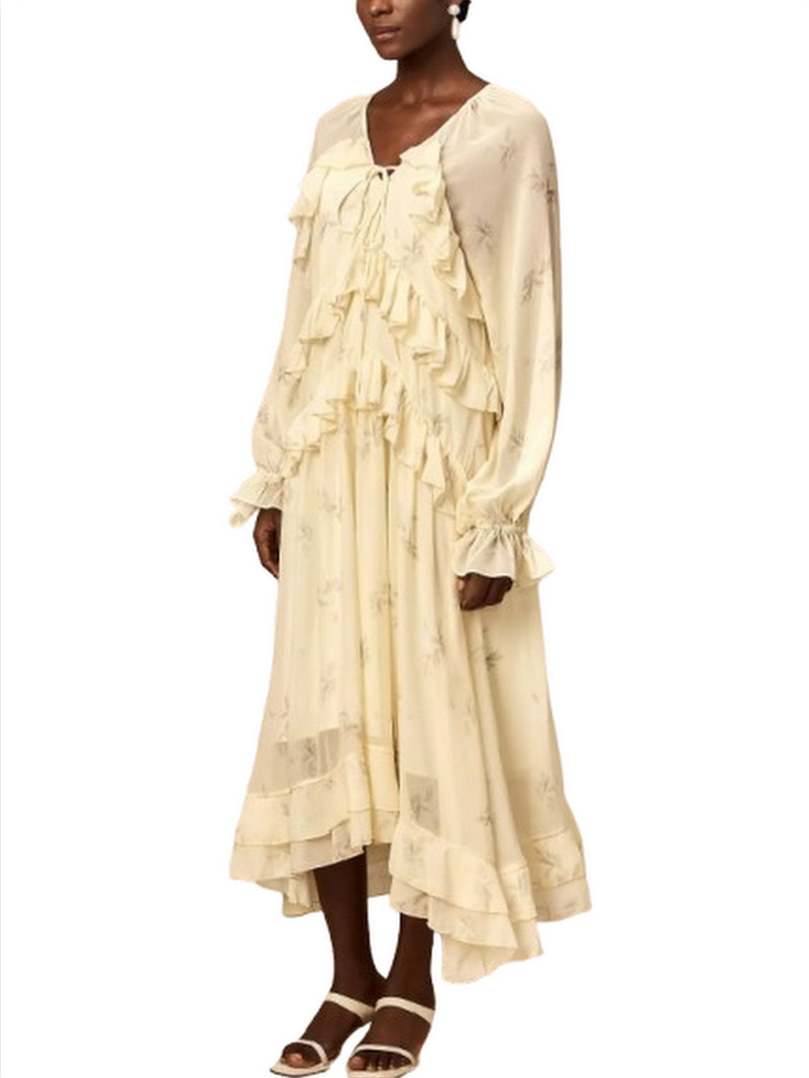 Printed Ruffled V-Neck Kaftan Dress in Yellow - Dresses