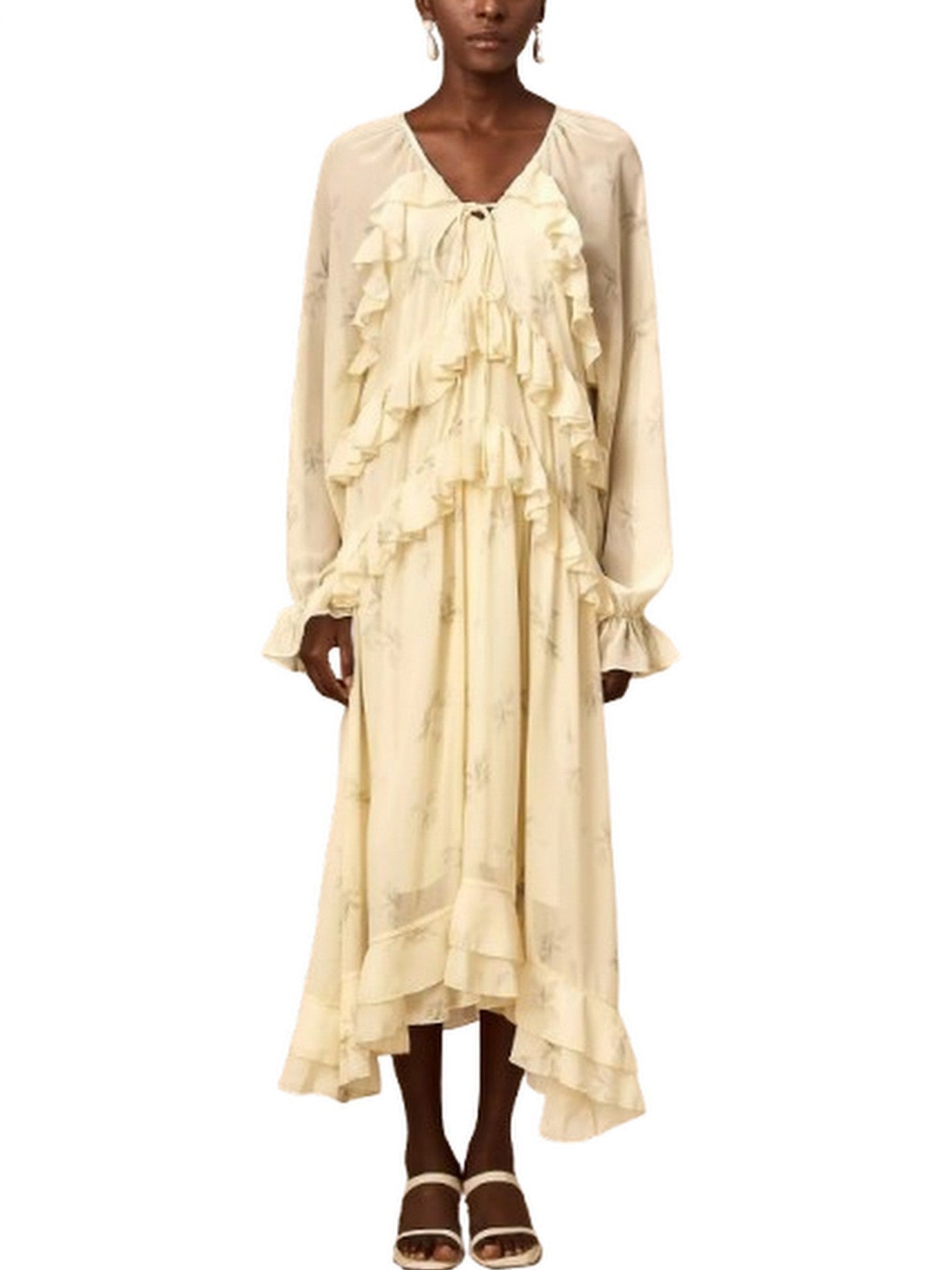 Printed Ruffled V-Neck Kaftan Dress in Yellow - Dresses