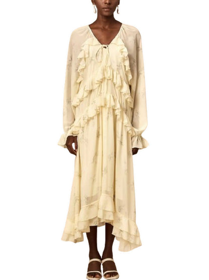 Printed Ruffled V-Neck Kaftan Dress in Yellow - Dresses