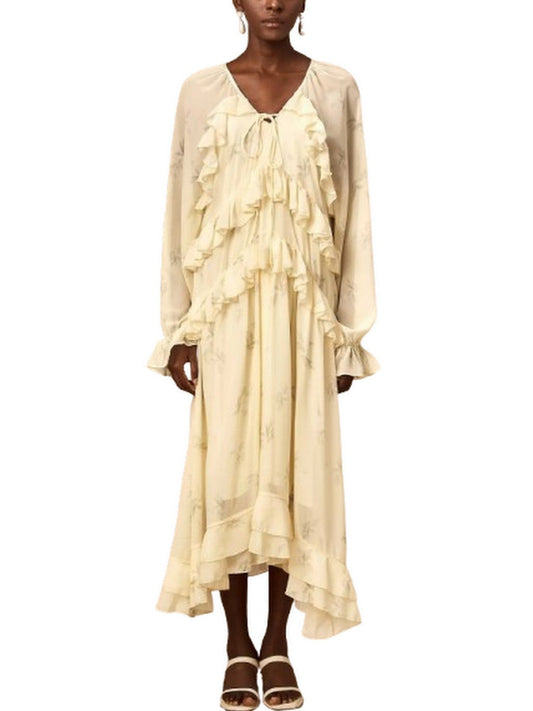 Printed Ruffled V-Neck Kaftan Dress in Yellow - Dresses