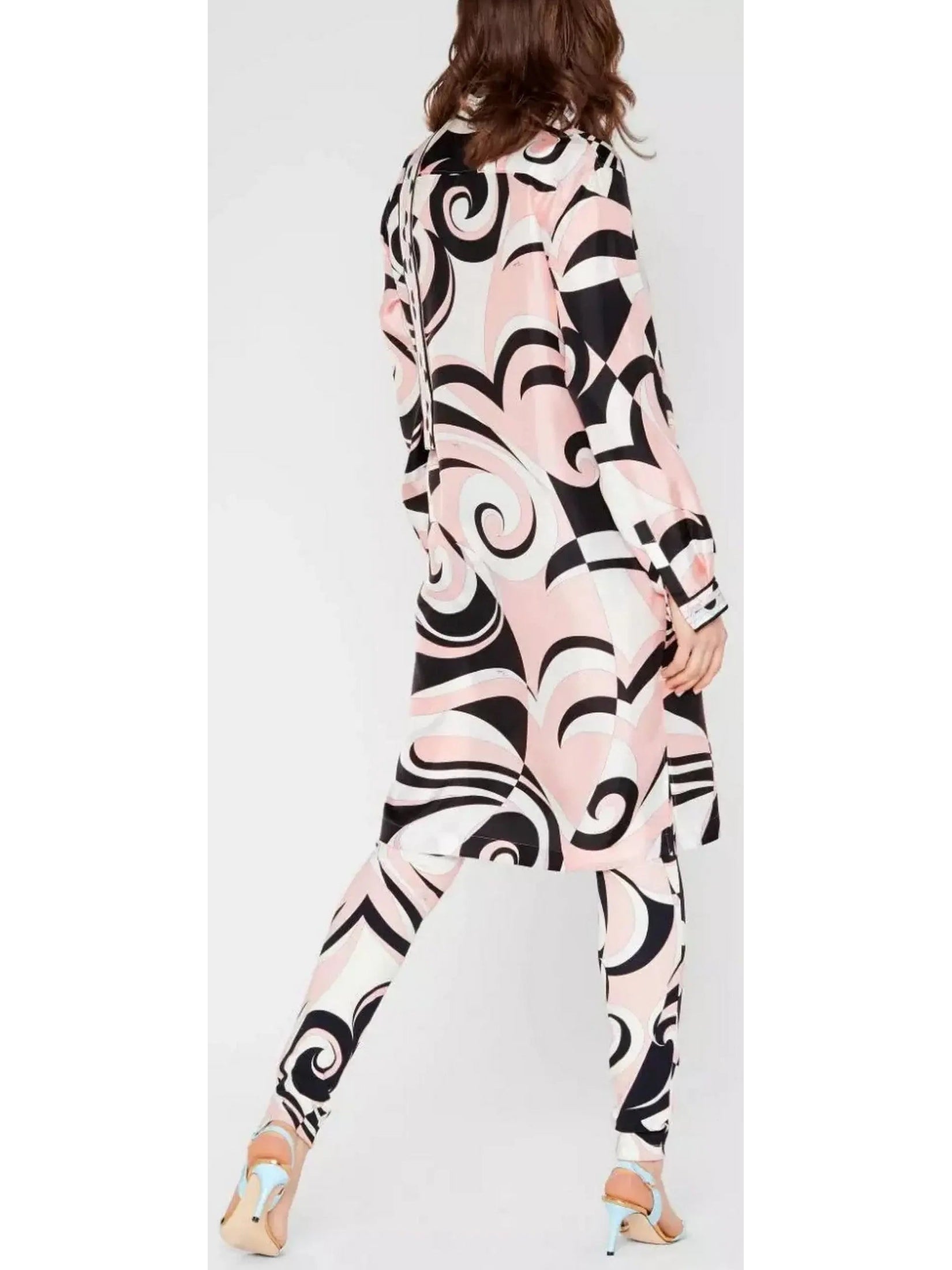 Printed Shirt Dress with Sash in Pink Black and White - Dresses