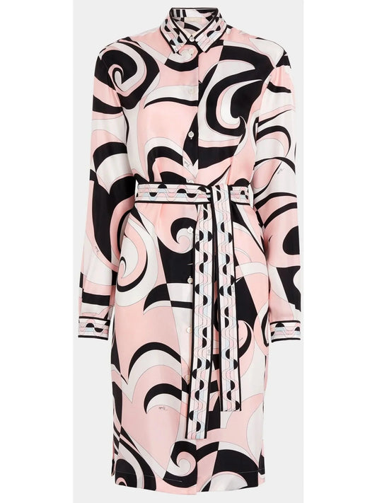 Printed Shirt Dress with Sash in Pink Black and White - Dresses