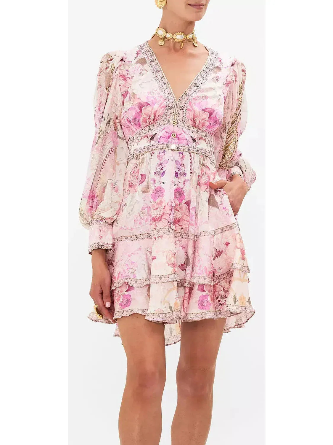 Printed Silk Fairytale Button-Front Frill Dress - Dresses