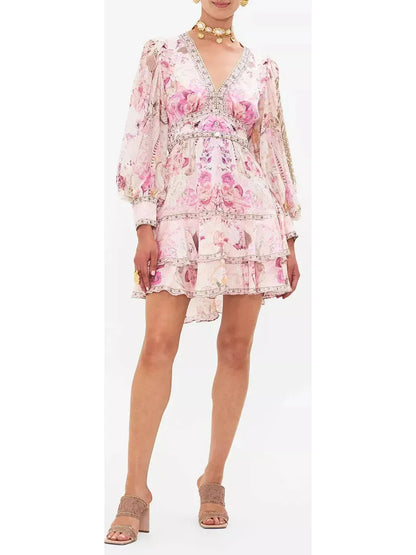 Printed Silk Fairytale Button-Front Frill Dress - Dresses