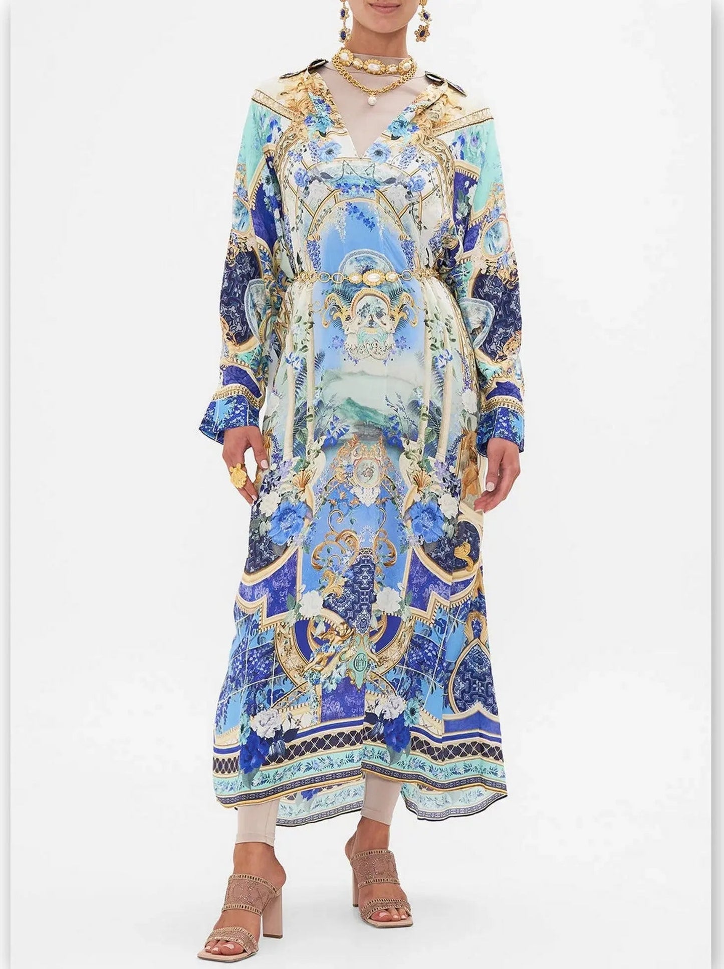 Printed Silk Kaftan Dress with Wing Collar - Dresses