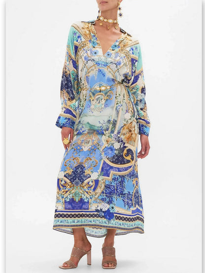 Printed Silk Kaftan Dress with Wing Collar - Dresses