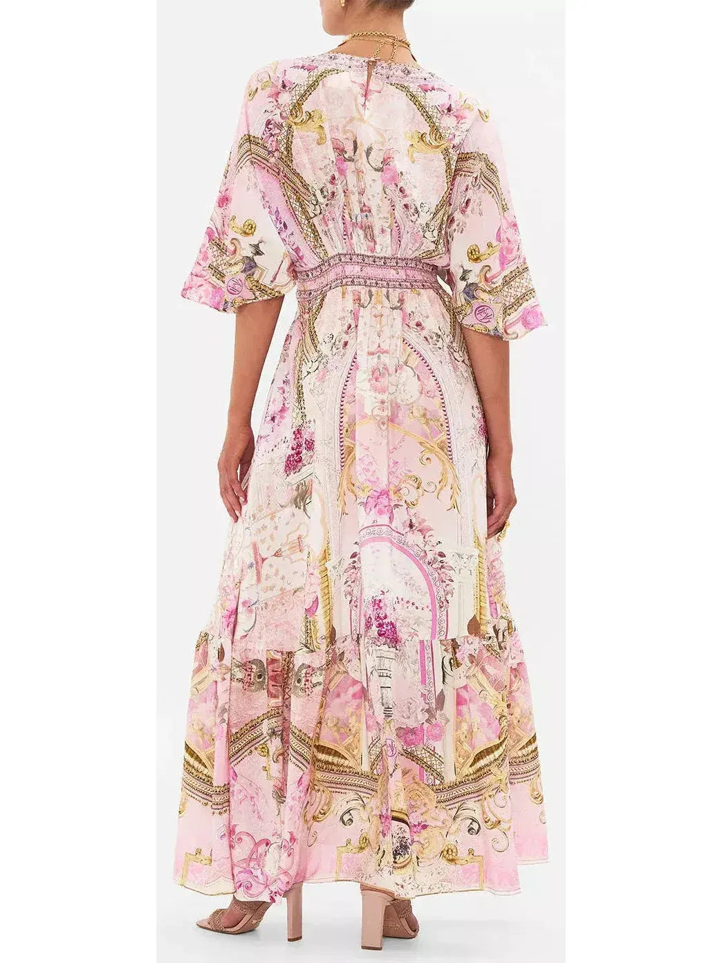 Printed Silk Long Fairytale Waisted Dress with Hem Ruffle - Dresses