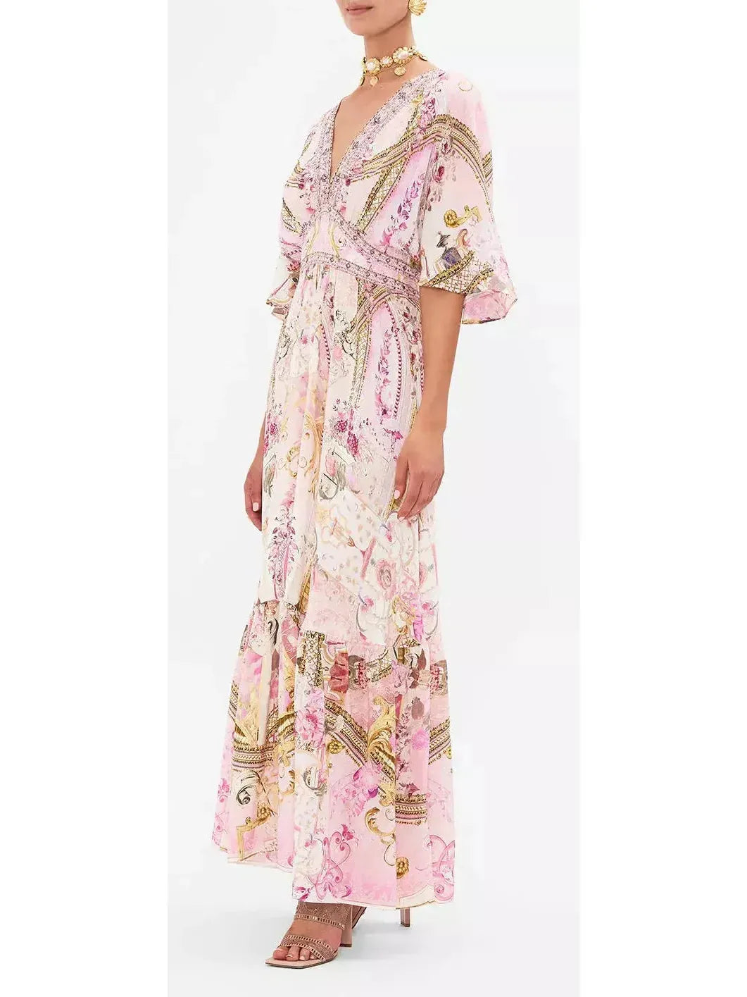 Printed Silk Long Fairytale Waisted Dress with Hem Ruffle - Dresses