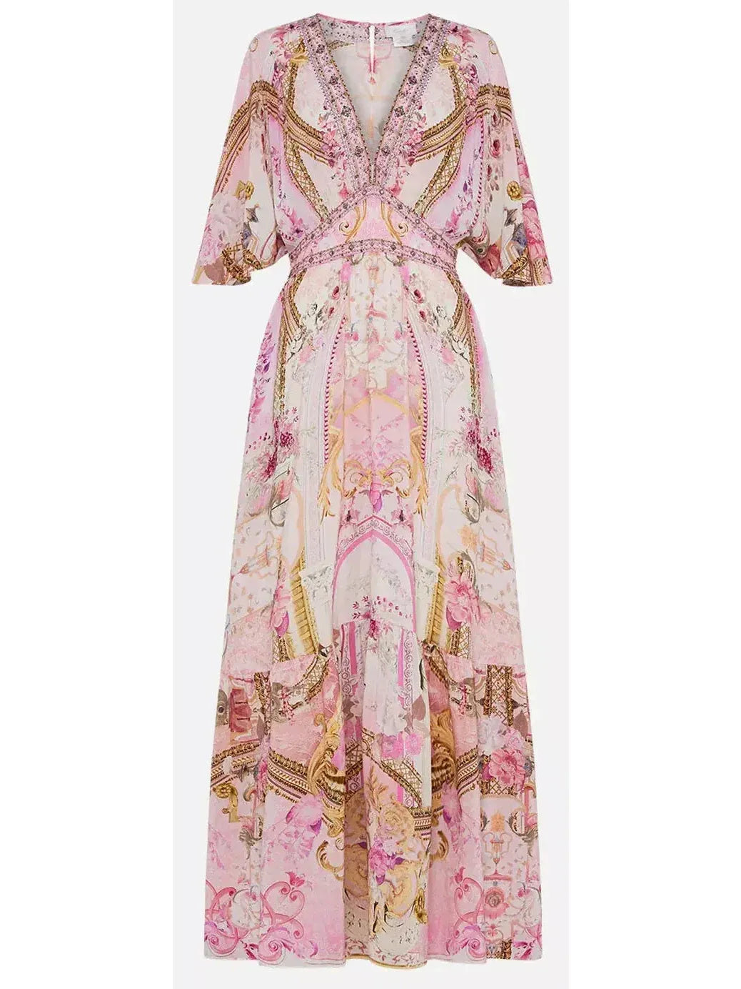 Printed Silk Long Fairytale Waisted Dress with Hem Ruffle - Dresses