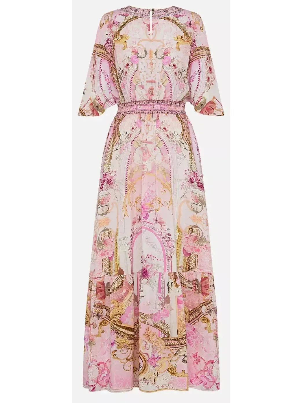 Printed Silk Long Fairytale Waisted Dress with Hem Ruffle - Dresses